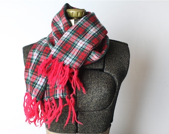 Vintage Plaid Scarf with Yarn Fringe