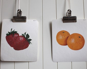 Large vintage language flash card set, orange and a strawberry,1980s