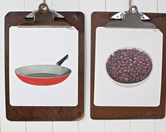 Large vintage language flash card set, red pan and refried beans, 1980s