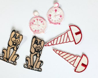 Vintage Sewing Appliques-Dogs, nails, clocks, set of 6