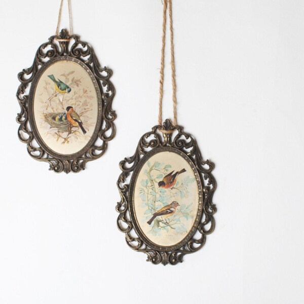 Pair of Vintage Ornate Brass Frames with Artwork