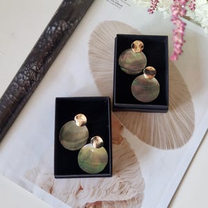 Mother of Pearl Earrings with Gold Accent • Lightweight Statement Dangles • Natural Shell Jewelry