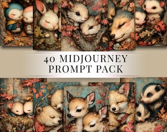 May include: A collection of digital art prints featuring woodland animals such as rabbits, foxes, deer, and hedgehogs. The prints have a vintage aesthetic with autumnal colors and the text "40 MIDJOURNEY PROMPT PACK".