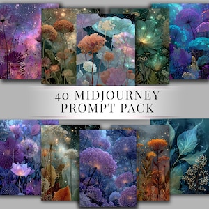 Peut inclure: Plusieurs impressions d'art numérique avec des motifs floraux éthérés dans des tons de violet, d'orange et de turquoise. Le texte "40 MIDJOURNEY PROMPT PACK" est affiché au centre de l'image.