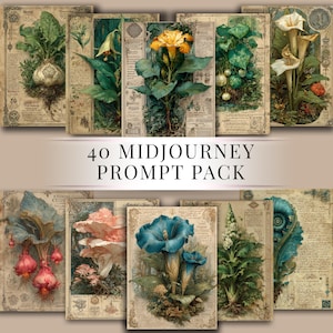 Paquete de indicaciones botánicas de fantasía: indicación MidjourneyV7 + 3 imágenes PNG de 928 x 1232 / Arte botánico de fantasía / Páginas de diario élfico / Descarga digital