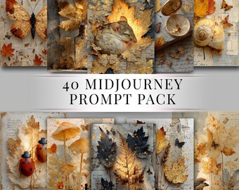 May include: A collection of digital art prints with a vintage aesthetic. The prints feature butterflies, leaves, mushrooms, and a mouse, with a color palette of gold, brown, and cream. The text "40 MIDJOURNEY PROMPT PACK" is displayed.