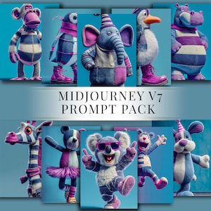 Könnte beinhalten: Eine Sammlung skurriler Stofftierfiguren, darunter ein Affe, ein Pinguin, ein Elefant, eine Ente und ein Nilpferd, jeweils mit einzigartigen Outfits und Accessoires. Der Text "MIDJOURNEY V7 PROMPT PACK" ist unter den Figuren zu sehen.
