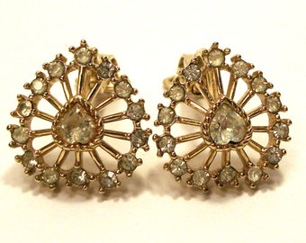 Vintage clip earrings, Crown Trifari earrings, rhinestone earrings, 1950's earrings, gold white, sparkle earrings "Galore"