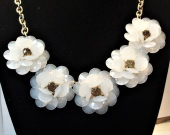 Vintage bib necklace, vintage flowers, gold white, gold tone metal, faceted acrylic, rhinestones, "Mother May I"