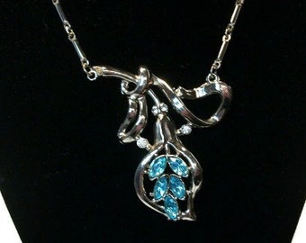 Vintage necklace, authentic vintage, statement necklace, blue gold, fancy vintage, "Blue Marquise"