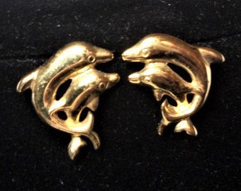 Vintage dolphins, dolphin earrings, gold tone jewelry, pierced earrings, vintage earrings, double dolphins,  " Double Dolphins"