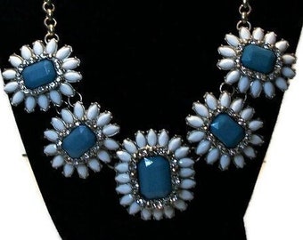 Beautiful vintage, statement necklace, blue white, vintage rhinestones, bib necklace, bronze metal, marquise acrylic,   "Marquise Mama"