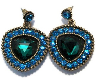 Vintage blingy earrings, pierced earrings, dangle earrings, green teal bronze, "Peacock"