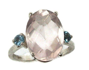 Pink quartz ring, multi stone ring, aquamarine ring, pink blue, mothers ring, birthstone ring, "Blushing"