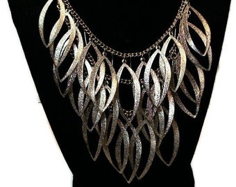 Vintage necklace, feather necklace, brushed gold, statement necklace, tri layered, golden metal,  "Fancy Feathers"