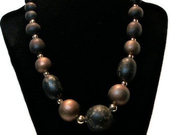Vintage necklace, boho beaded, boho necklace,  brown gold necklace, gold beads necklace, copper details,   " Copper Topper"
