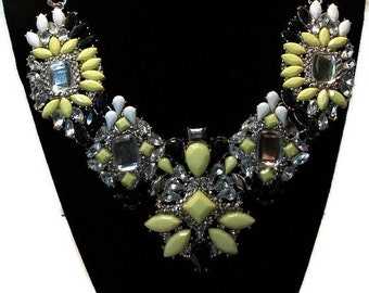 Vintage necklace, yellow sparkle, statement necklace, yellow white black, multi faceted, bib necklace,  "Fandango"