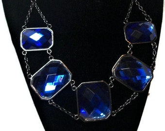 Vintage necklace, faceted stones,  acrylic stones, hematite toned, blue black, statement necklace, "Juicy Blue"