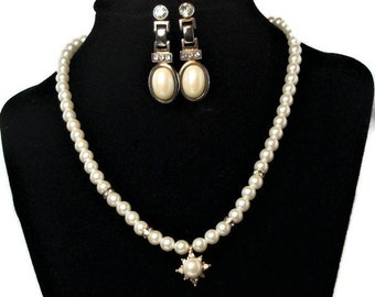 Vintage faux pearls, wedding pearls, pearls rhinestones, faux pearl set, white gold,  "Dancing Pearls"