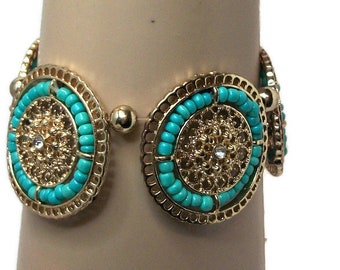 Vintage bracelet, vintage ring,  faux turquoise, adjustable ring, turquoise silver tone, stretch jewelry,  "Azure Blue"