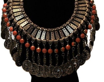 Vintage statement necklace, Egyptian bib, coin necklace, orange bronze, acrylic stones, very bold,  "Belly Dancer"