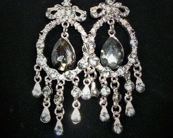 Vintage earrings, chandelier earrings, rhinestone earrings, dangle earrings, party earrings, black and white,  "Cha Cha"