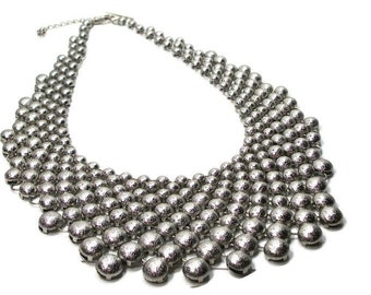 Vintage stainless steel, statement collar, beaded metal necklace, stainless bib mesh, 1980s silver,  "Gorgeous"