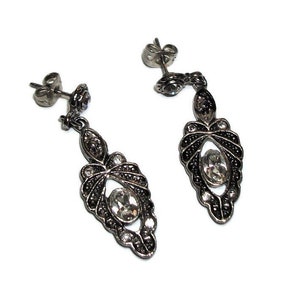Just reduced, Vintage dangles, victorian style, dangle earrings, gray black, rhinestone earrings, black vintage, &quot;Blizzard Gray&quot;