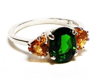 Chrome diopside, chrome accent ring, chrome and citrine ring, 3 stone ring anniversary ring  green gold, s 6 1/2   "Wild Flowers"