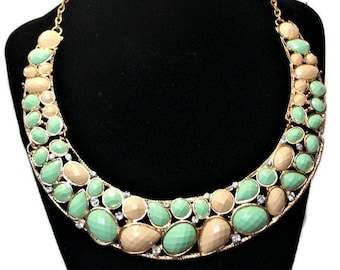 Vintage necklace, statement piece, bib necklace, orange green, rhinestones, party necklace, "Pretty Pretty"