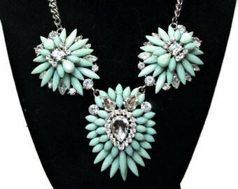 Vintage statement piece, mint green jewelry, vintage necklace, starburst rhinestones, silver tone jewelry, "Mint green Princess"