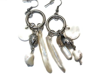 Vintage earrings, bohemian vintage, seashell earrings, dangle earrings, white silver, "Beachy"