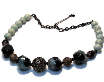 Vintage cabochon, beaded necklace, turquoise necklace, spot agate, black copper, turquoise black, chunky stones, "Lazer"