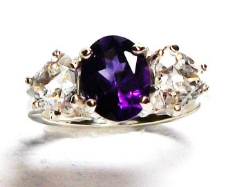 Just reduced, Amethyst, amethyst accent ring, purple white ring, 3 stone ring,  wedding anniversary ring s 6 3/4  "Quiet time"