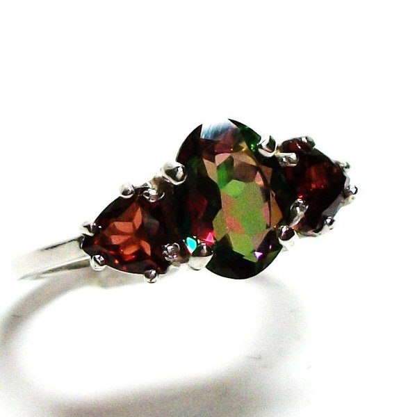 Goshenite, goshenite accent ring, 3 stone ring, anniversary ring, Christmas,  red green, s 6 1/2   "Dancing with Christmas"