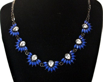 Vintage necklace, faceted stones,  acrylic stones, hematite toned, blue white black, statement necklace, "Icy Blue"