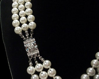 Vintage Graziano, Graziano pearls, 3 strands, crystal clasp, signed pearls, vintage pearls, "Luscious"