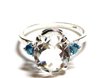 Quartz, white quartz, quartz ring,  3 stone ring, multi stone ring, white blue, s 7 1/2 "Fresh water blue"