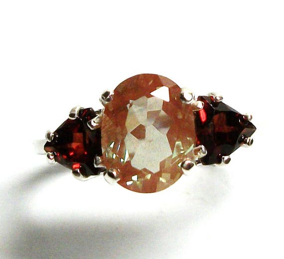 Feldspar ring, salmon feldspar, multi stone ring, salmon red, feldspar  garnet ring, three stone, anniversary ring 6 3/4   "Amber Honey"