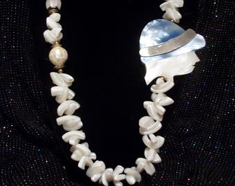 Vintage Polynesian, Carved MOP, Shell Flapper, Cameo Necklace, Hawaiian Pikake Lei, "Hawaiian Girl"