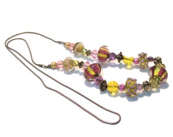 Vintage Murano beads, hand blown beads, pink yellow gold, long glass beads, beaded glass,  "Frenchie"