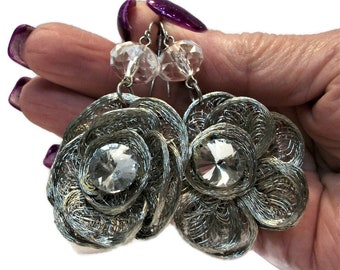 Vintage earrings, silver dangle earrings, mesh flower earrings, statement earrings, rhinestone earrings, "Party Time"