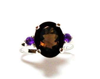 Just reduced, Smokey quartz, quartz amethyst, anniversary, 3 stone ring, brown purple,  s 7 1/2 "Smouldering"