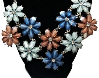 Vintage bib necklace, vintage flowers, blue bronze teal, silver tone metal, faceted acrylic, rhinestones, "Gingers Favorite"