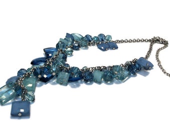 Vintage lariat necklace, acrylic beads, blue necklace, multi beaded necklace, vintage jewelry, "Blue Bell"