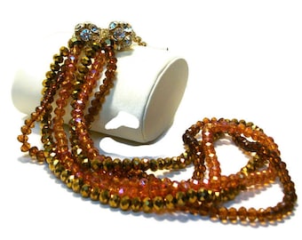 Vintage beaded necklace, tri colored beads, extra long,  crystal accents, gold toned, orange rust gold, blingy, "Slinky"