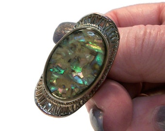Vintage schelpring, abalone ring, designer ring, verzilverde ring, paua schelp, regenboogkleuren, s 4 1/2 "Aloha"