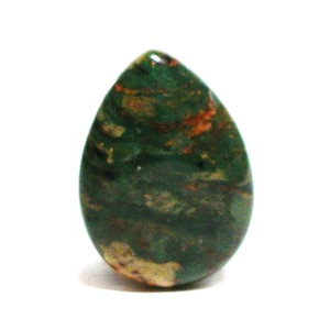 May include: A teardrop-shaped green, brown, and white gemstone with a mottled pattern.