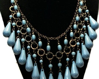 Vintage bib necklace, bib necklace, statement necklace, bronze, blue, vintage party, "Blue Tears"