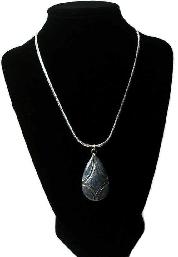 Vintage enamel pendant, silver gray blue, teardro… - image 6